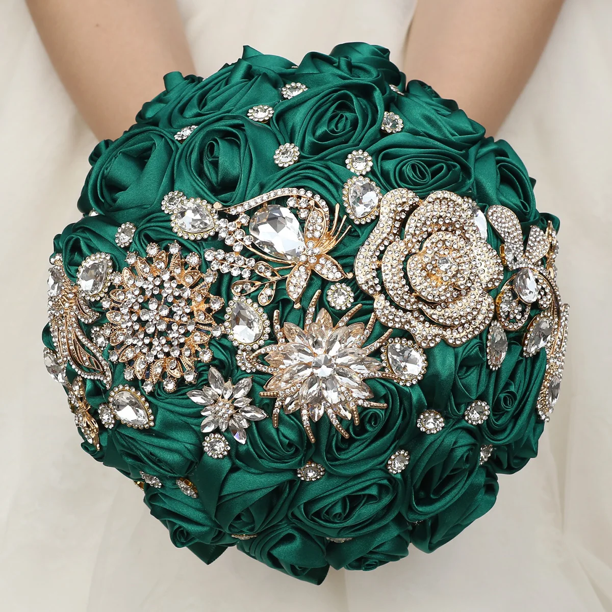 

Luxurious gold diamond dark green bride holding floral ribbon imitation rose bouquet bridesmaid gift wedding ornament W913A