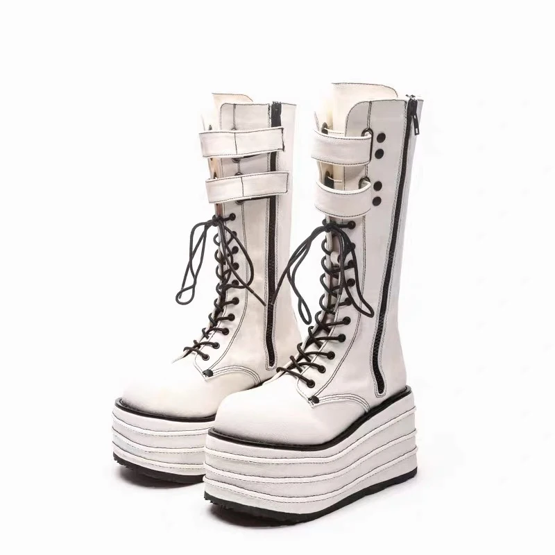 2023 New Flatform Knee-High Boots Women High Platform Lace Up Thick Sole Boot Cross Strap Zip Hot Chick Lolita Knight Tall Shoes