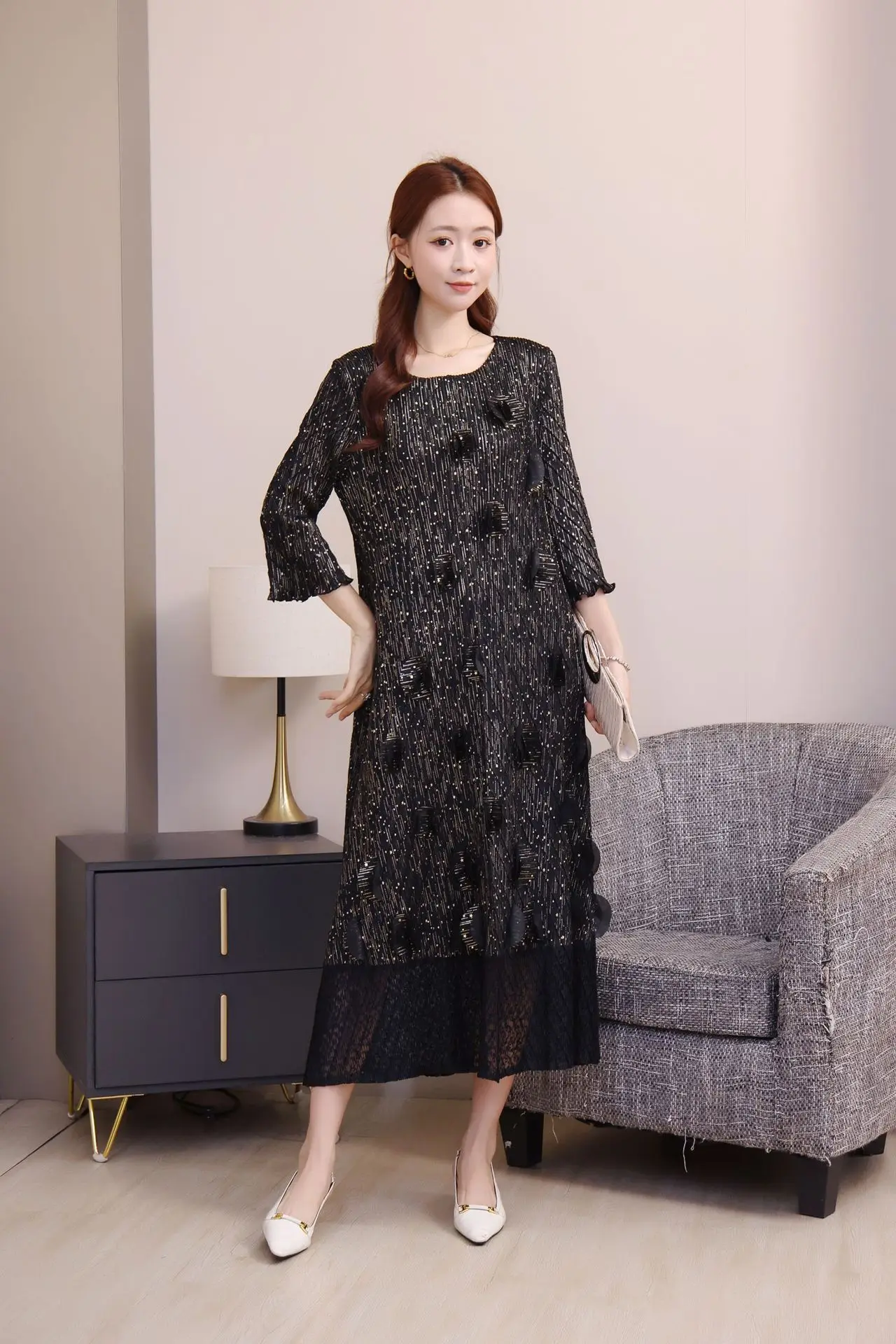 Miyake – robe plissée à fleurs pour femmes, tenue décontractée, ample, tempérament, moyenne et longue, automne 2025