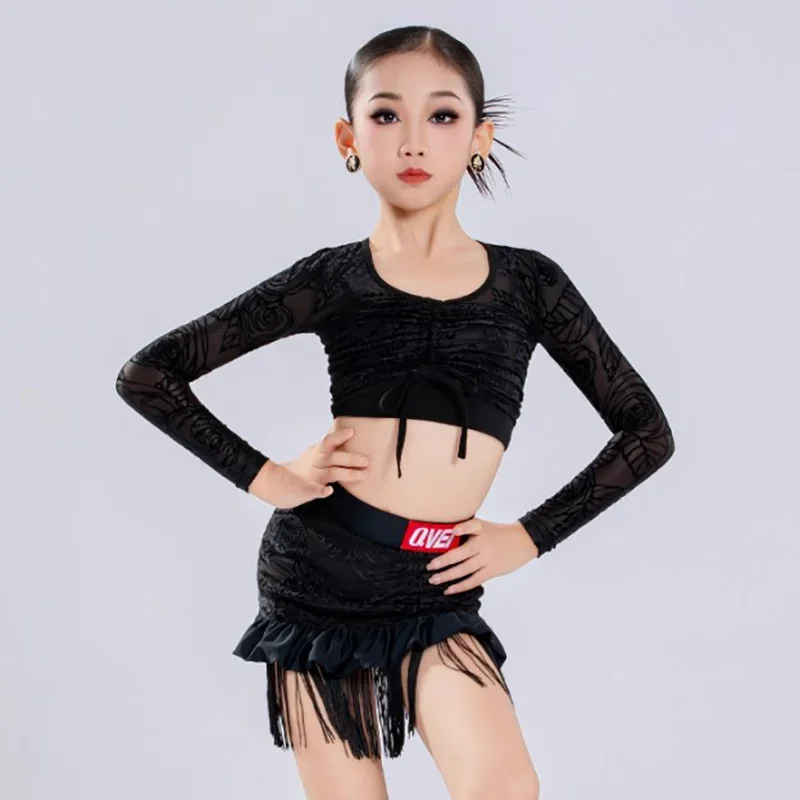ชุดเต้นลาตินสำหรับเด็กผู้หญิง เสื้อพิมพ์ลายผูกเชือกและกระโปรงพู่สำหรับฝึกซ้อม ชุดเต้นรำบอลรูม รุมบ้าสำหรับเด็ก