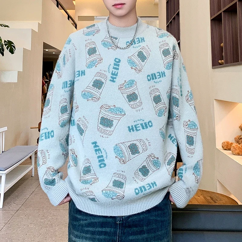 

Daily Graffiti Printed Knitted Sweater Autumn/Winter Korean Men's Christmas Tops 2025 Thick and Warm Men's Base Sweater