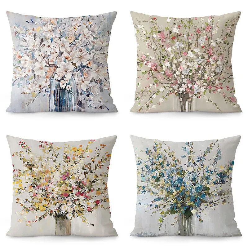 Oil Painting Style Vase Decorative Pillowcase Bedroom Living Room Square Cushion Pillowcase