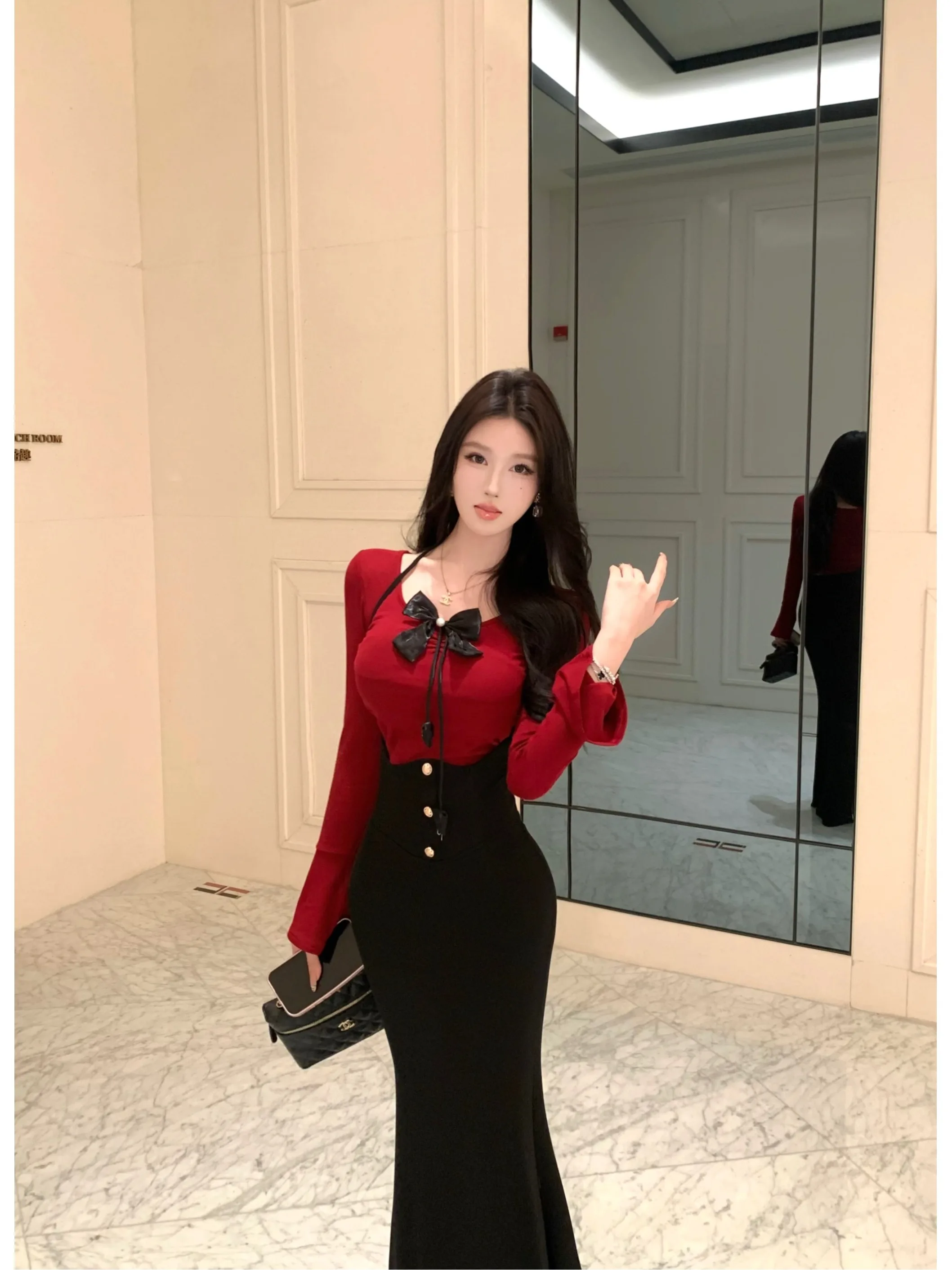 Elegant 2-piece Skirt Set For Women Red One-shoulder Knitted Top High-waist Bandage Bodycon Mermaid Skirt Trendy Commute Clothes