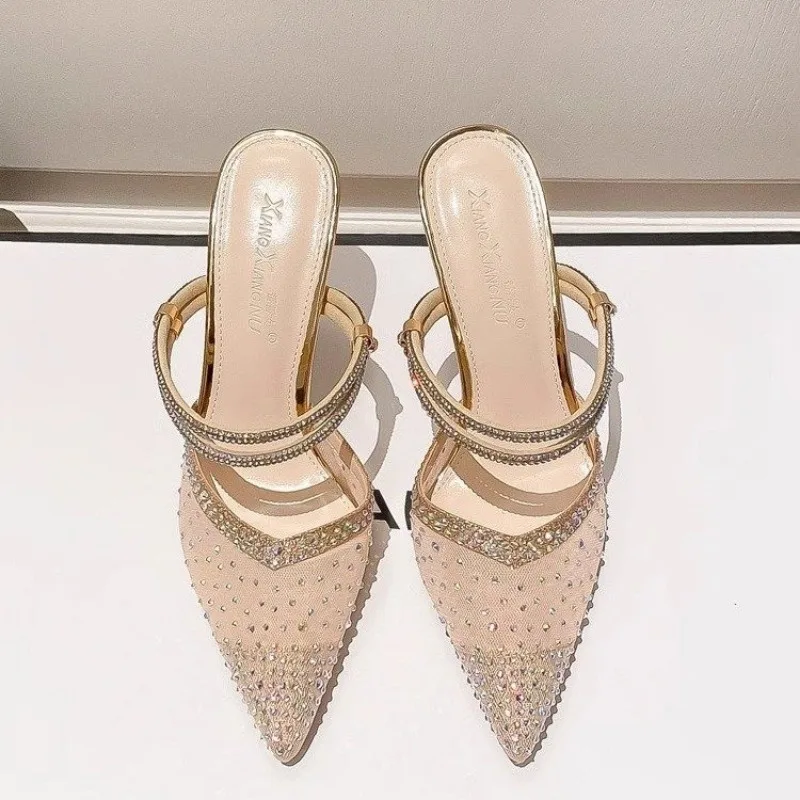 Female Baotou Sandals Thin Heel Slippers Outside Wearing Small Size Pointed High Heels Rhinestone Mesh Sexy