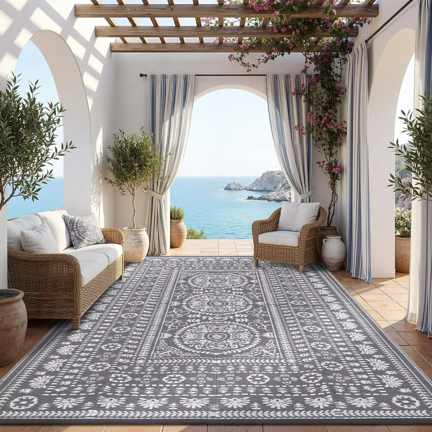 

Reversible Outdoor Rug 9x12 for Patio, Waterproof Outdoor Area Rug, Modern Medallion Indoor Outdoor Rugs, Plastic Straw Rug f