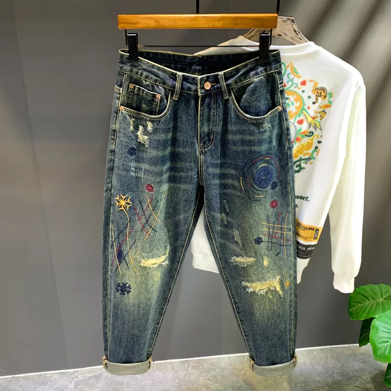

High Street Trendy Brand Retro Piercing Trendy Embroidered Jeans Men's Four Seasons Loose Large Straight Leg Pants