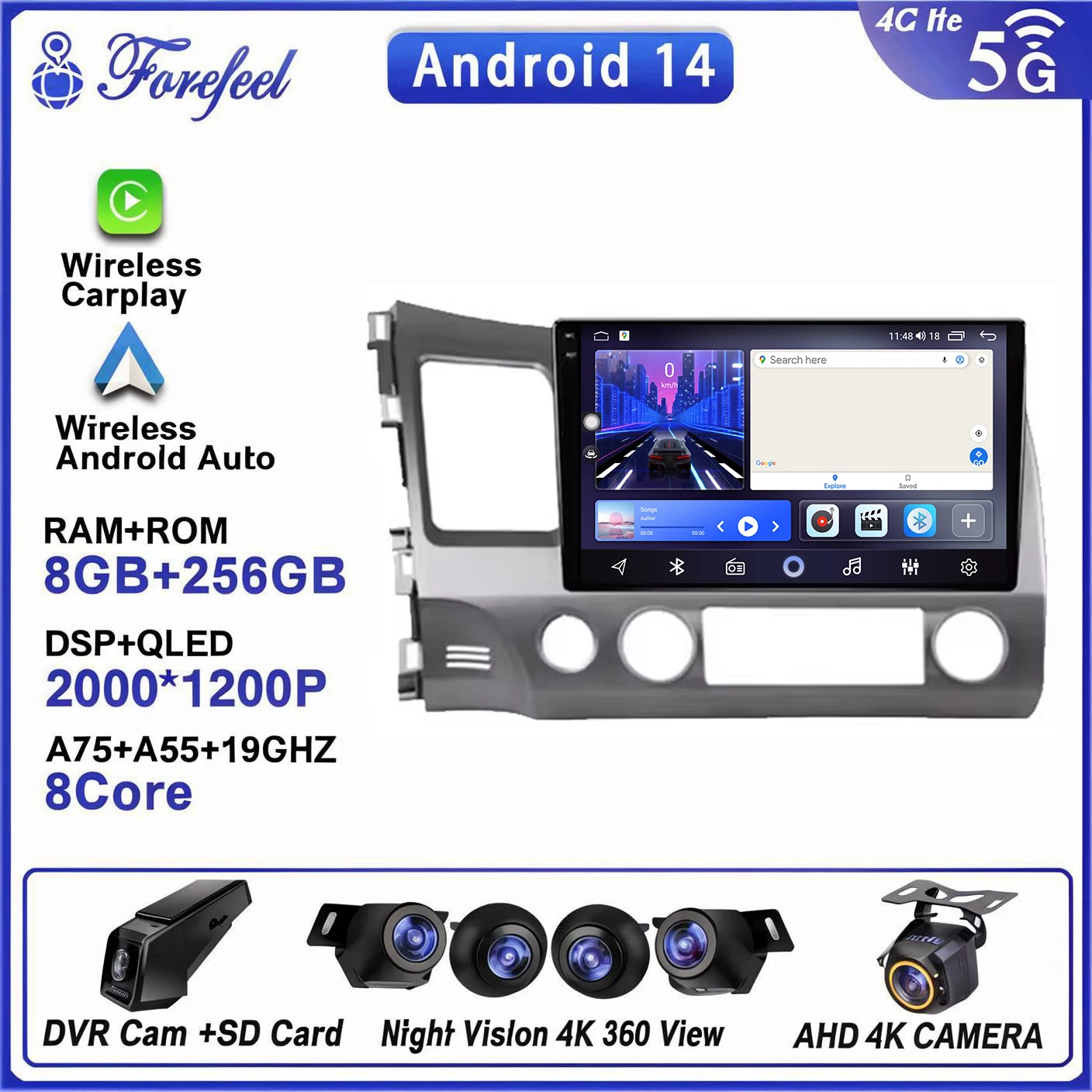 

2K Android 16 Auto Radio For Honda Civic 8 2005-2012 Stereo Head Unit Multimedia Player Qled Screen 5g Bt Dash Cam 2K Dvd
