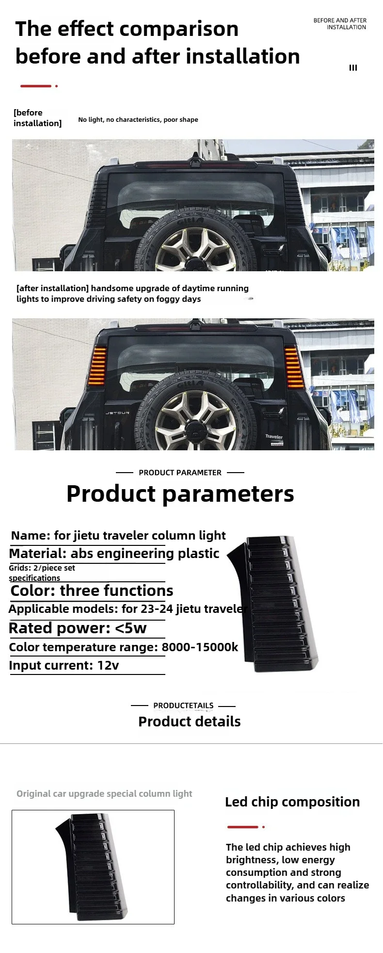 Car Rear Pillar Lamp DRL Yellow Turn Signal Warning Light Brake Lamp Column Light Daylights For Jetour Traveller T2 2023-2025 detail image 2