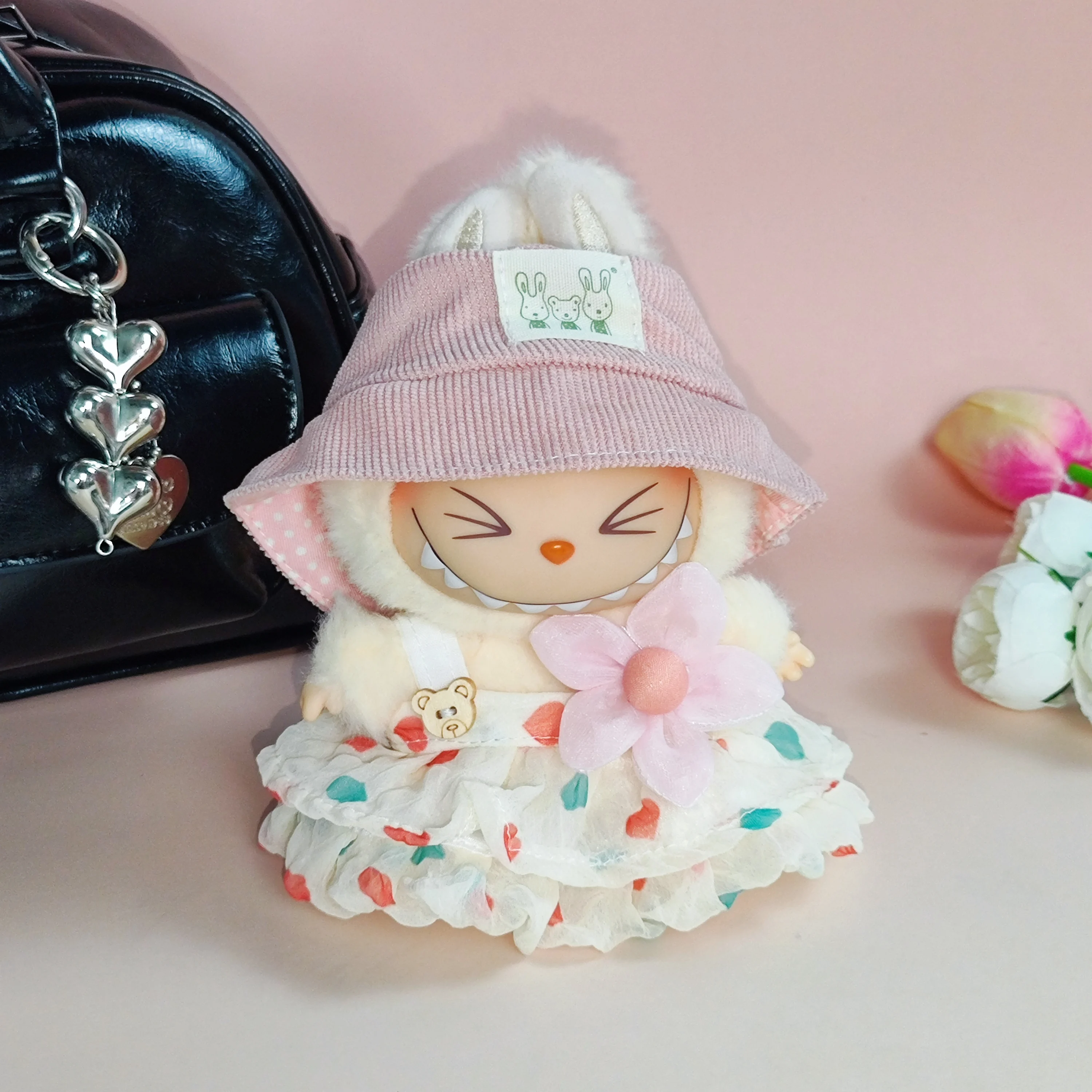 

For 17cm Labubu Doll Outfit Wrinkled Skirt Flower Hairpin Set Fisherman Hat Labubu Clothes Ropa Labubu
