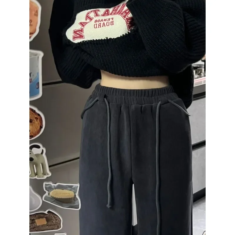 

QWEEK Harajuku Sport Fleeced Warm Sweatpants for Women Winter Gray Baggy Brushed Pants Korean Fashion Vintage Jogging Female