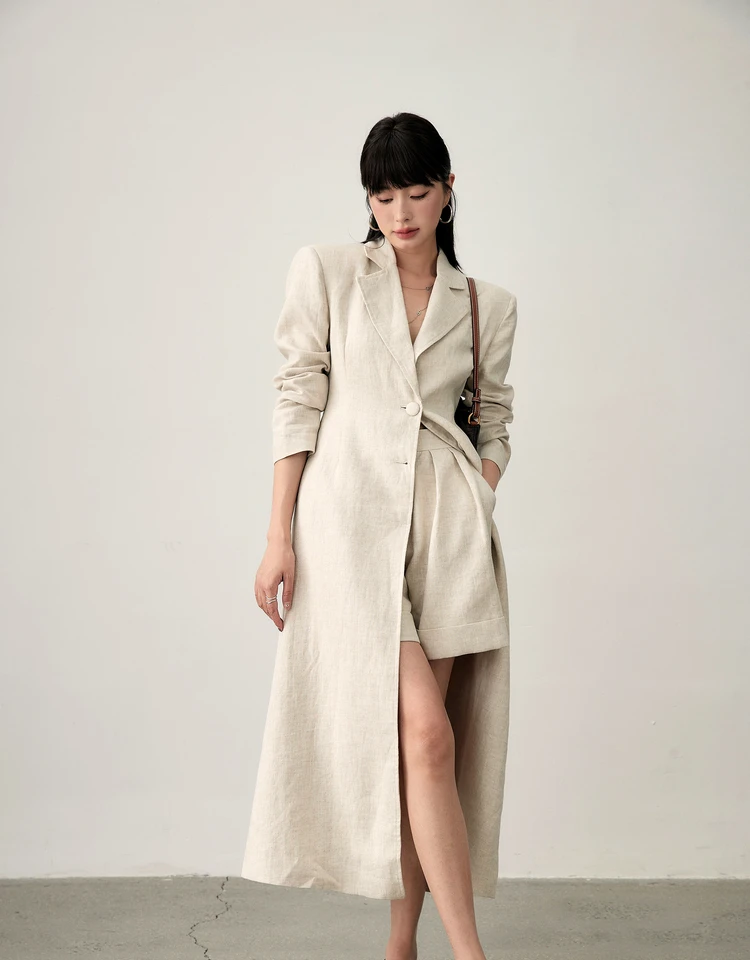 New Women Fashion Peak Lapel Button Long Coat Office Lady Formal linen Solid Color slim trench