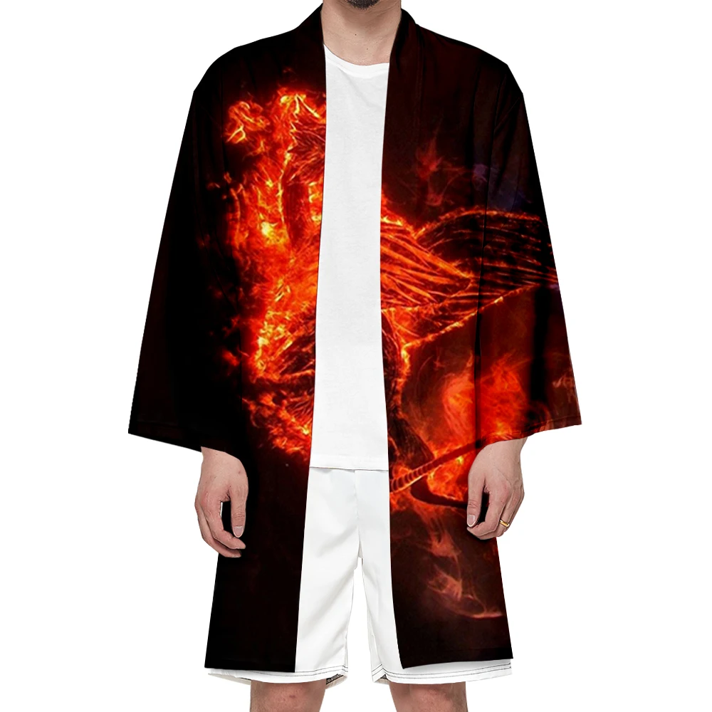 Quimono vestuário masculino e feminino japonês-estilo 3d impressão digital japonês tradicional vestuário cardigan chama