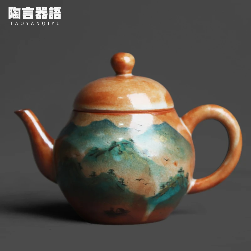 

Wood fired genuine knob high end teapot painting mountain peaks pattern vintage ceramic tea tea bags brewing pots