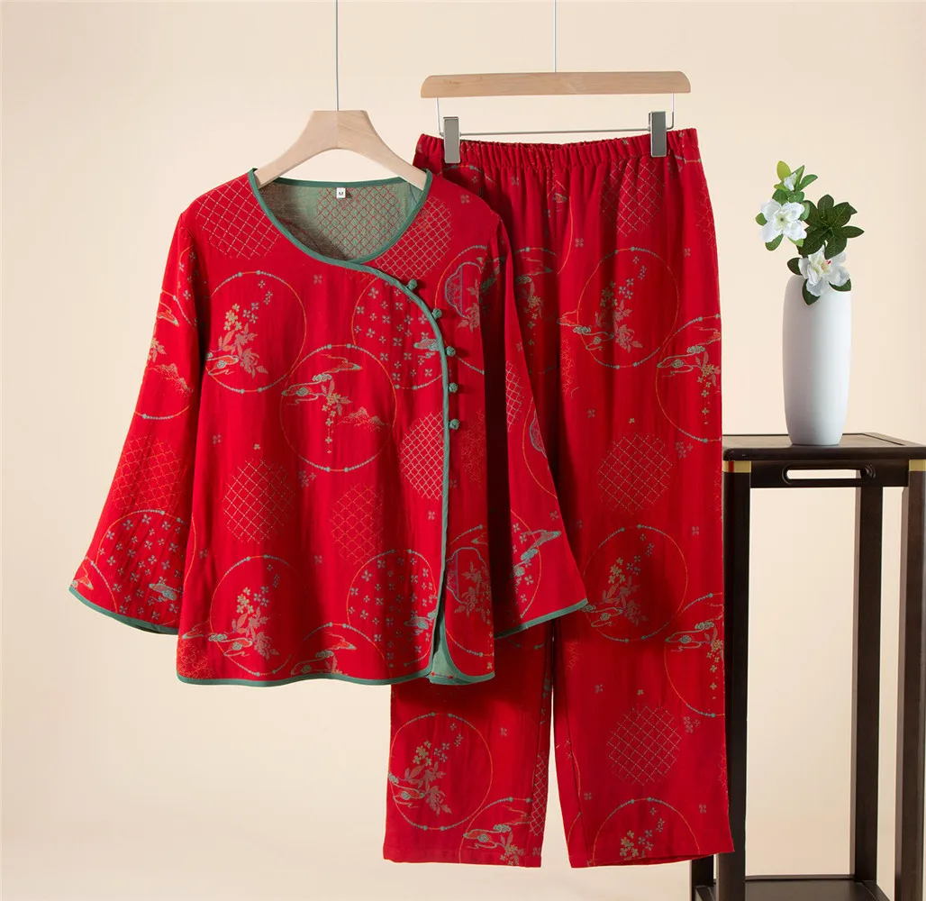 Summer Chinese Women's Pajama Set Cotton Round Collar Thin Sweet Long Sleeve Pullover Pants Home Clothes