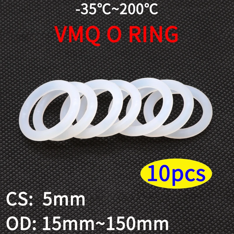 10pcs VMQ O Ring Seal Gasket  CS5mm OD 15 ~ 150mm Silicone Rubber Insulated Waterproof Washer Round Shape White Nontoxi gaskets