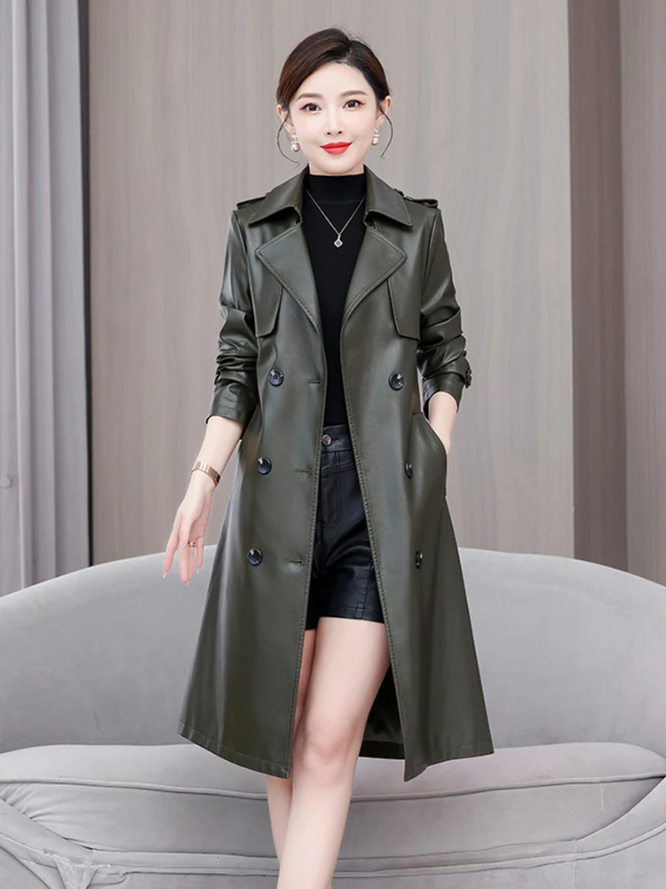 

Spring Autumn New Style Women's Leather Jacket Sheepskin Belted Slim Fit Korean Version Coat Breathable Long Sleeve Coat