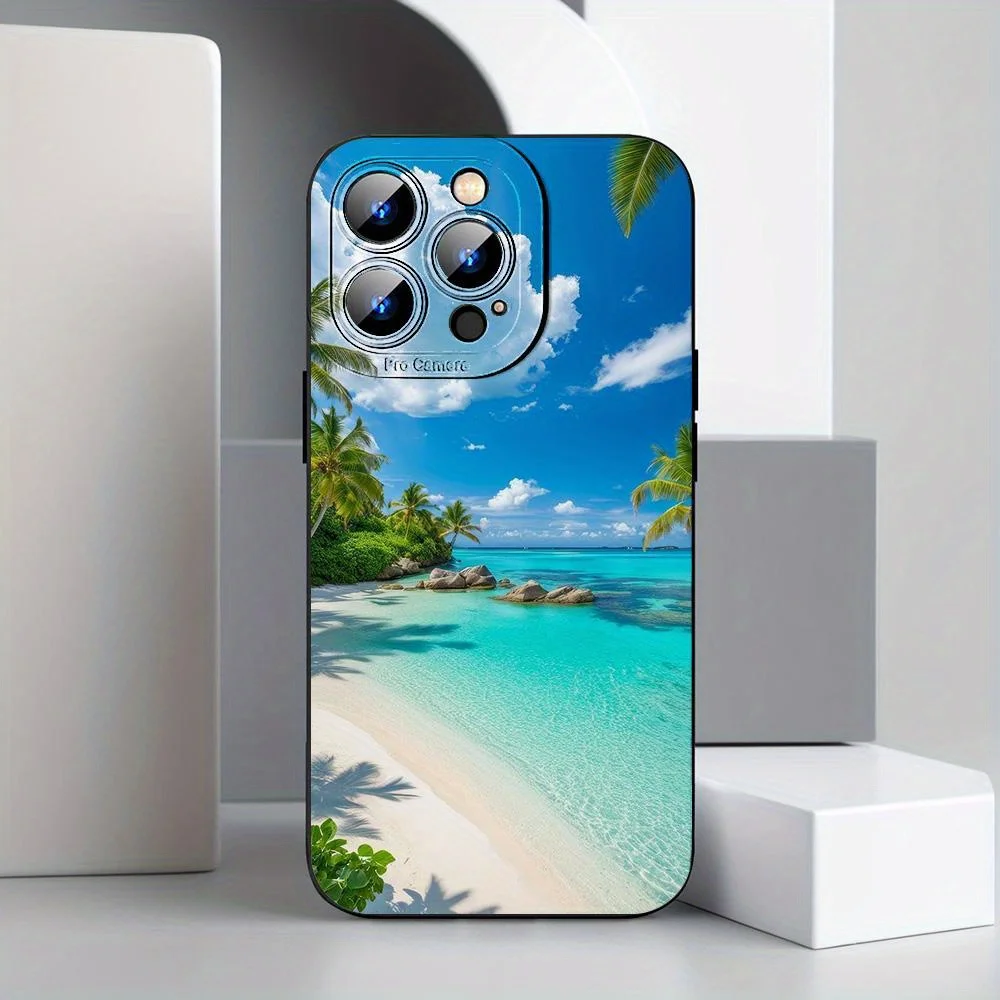 حافظة هاتف أنيقة على الشاطئ باللون الأسود لهاتف iPhone11/12/13/14/15 16 17 Pro Max Pro Plus حافظة هاتف، هدية رائعة