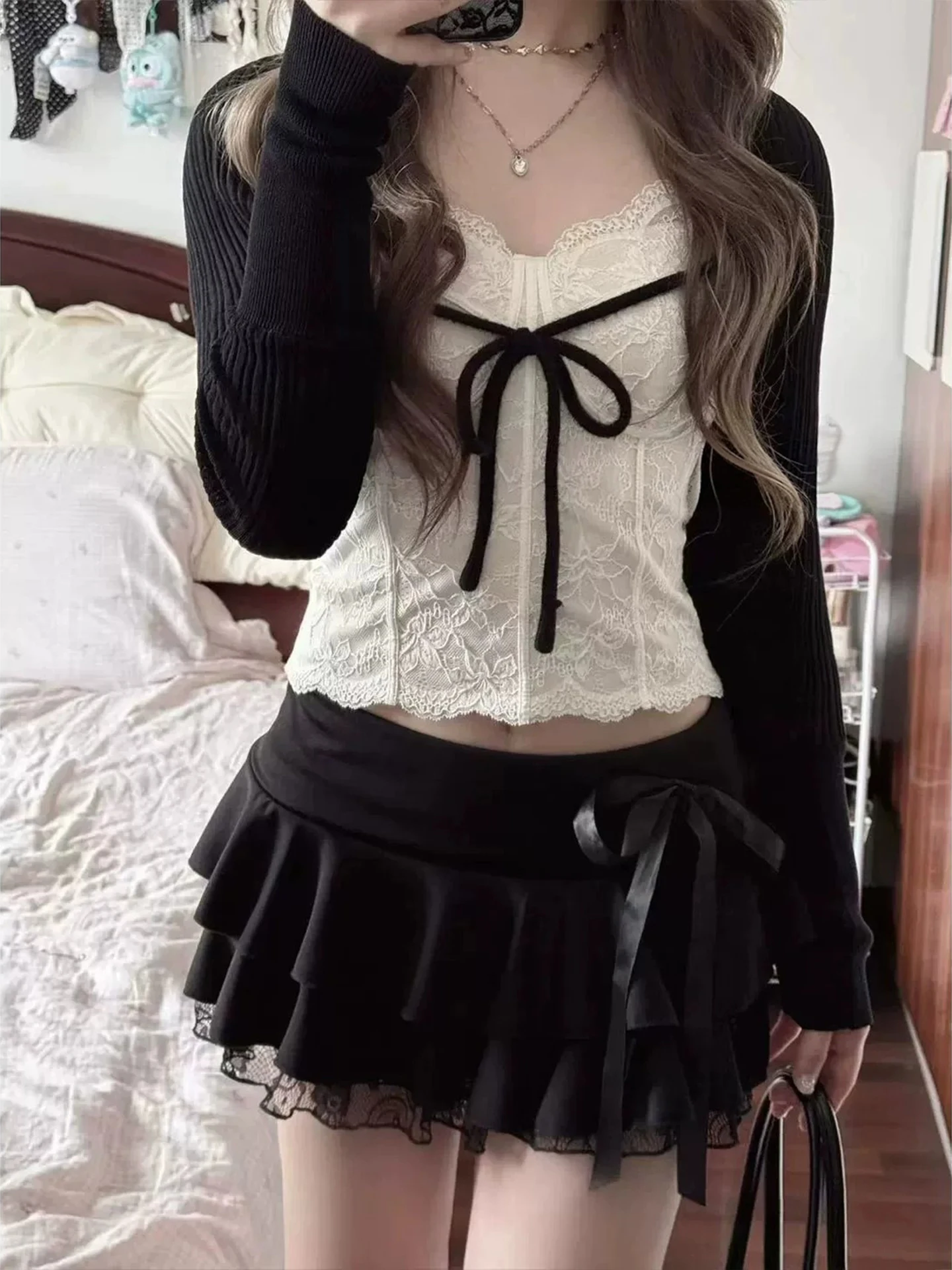 Sexy  Knot Lace Half Skirt Women's Black Cake Puffy Short Skirt Autumn Versatile Casual High Waist A-Line  Skirt
