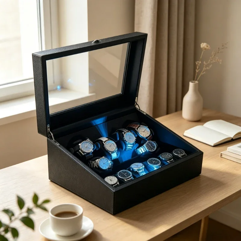 Minimalist Leather Automatic Watch Winder Box with Lid Strong Motor Quiet Anti Dust Display Case Silent Storage Organizer