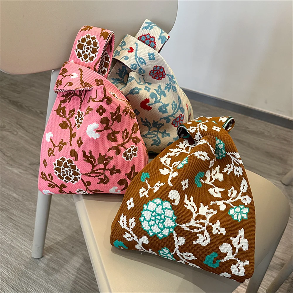 Japanese Niche Floral Knitted Handbag Female Handbag Retro Wrist Bag Shoulder Bag Casual Reusable Shopping Bags Women Purse