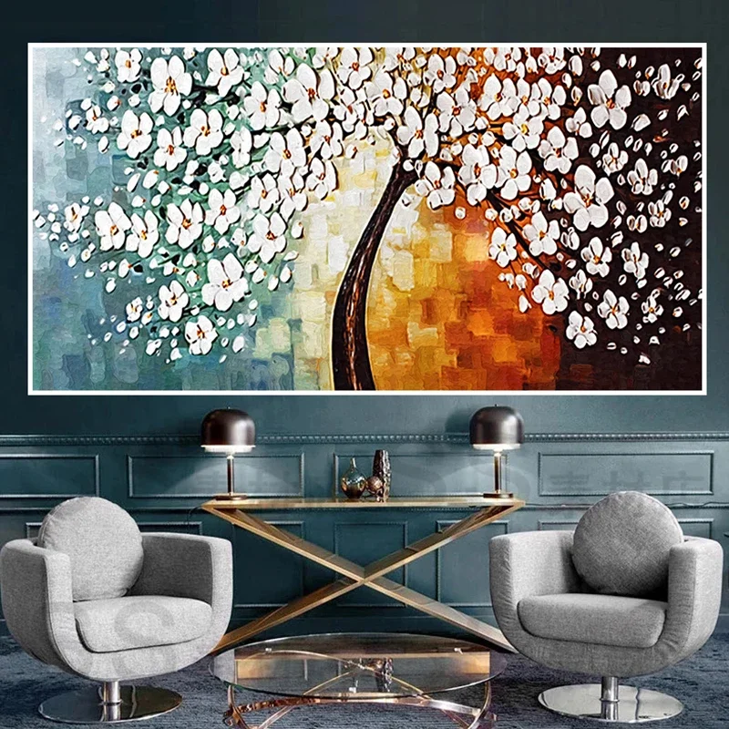 

White Flower Oil Painting on Canvas Poster Wall Art Floral Picture Flower Canvas Plants Colors Print Living Home Room Decor