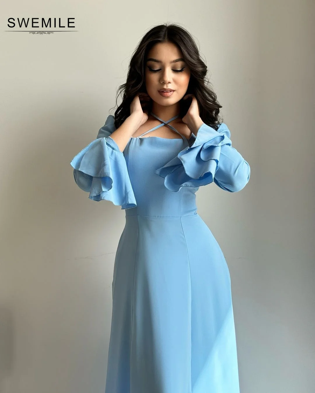 

SWEMILE Blue A-Line Chiffon Square Neckline Long Sleeves Evening Dress Wedding Party Dress Vestidos Para Eventos Especiales