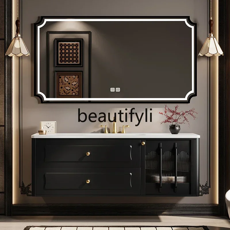 

ss25 French retro rock slab hot bending integrated basin bathroom cabinet combination modern washbasin