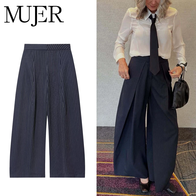 MUJER Striped Baggy Pants Woman High Waist Casual Pants for Women Pleated Wide Leg Women's Pants Streetwear Retro Woman Trousers