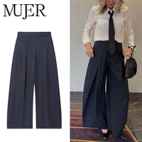MUJER, pantalones holgados a rayas, pantalones informales de cintura alta para mujer, pantalones plisados de pierna ancha para mujer, ropa de calle, pantalones Retro para mujer