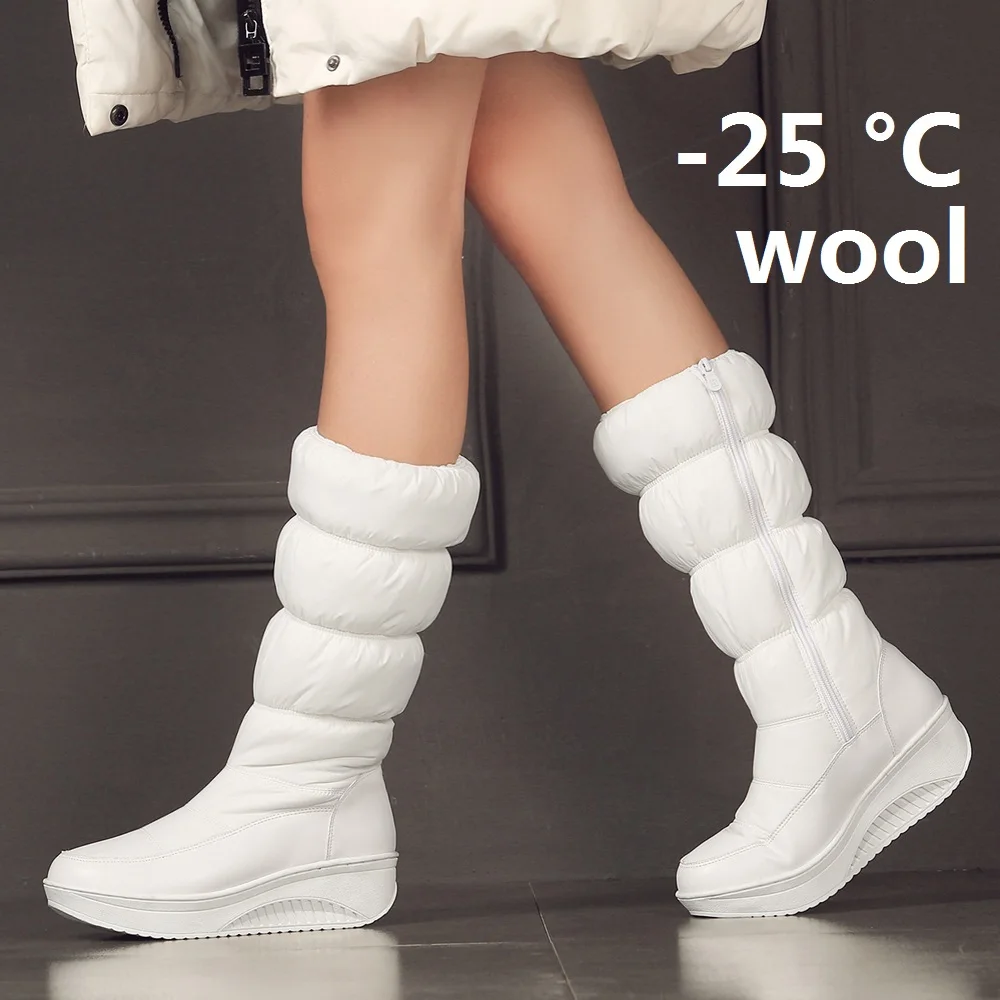 Fashion Women Winter Wedges Mid-calf Boots Waterproof Zipper Snow Boots Ladies Warm Footwear Platform Shoes Black Blue White