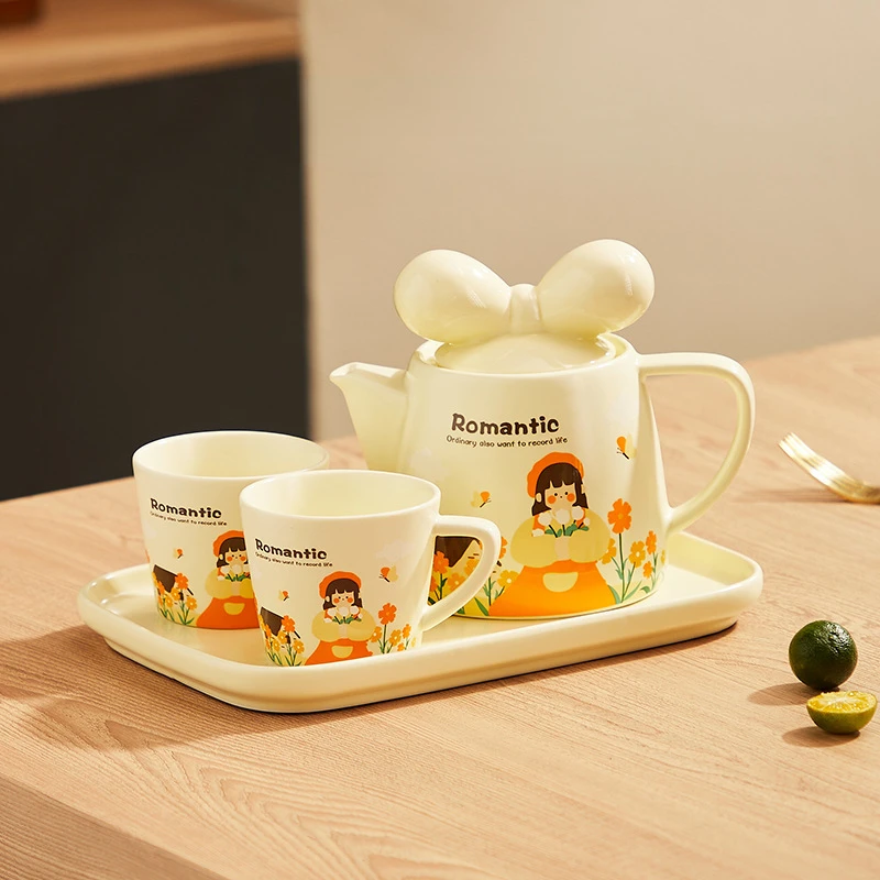 

Cute Pastoral Style Ceramic Coffee Pot and Mug with Tray Porcelain Tea Set Retro Girls' Water Cup Christmas Couple Gift