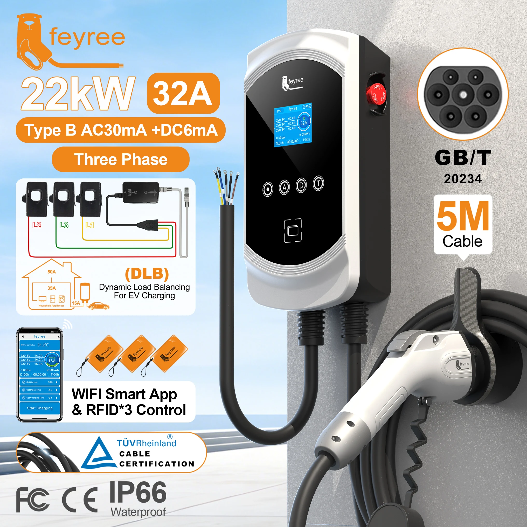 

Зарядное устройство Feyree EV с разъемом GB/T, 32А, 3 фазы, 22 кВт, быстрая зарядка, настенный зарядный блок EVSE с функцией балансировки нагрузки, для домашней зарядки электромобилей переменным током