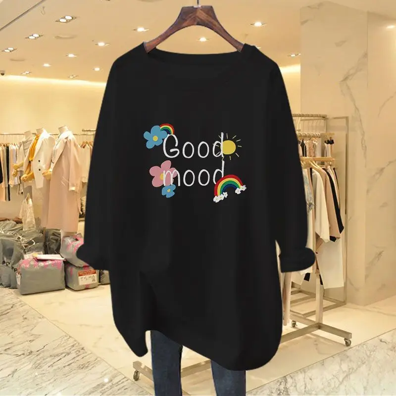 Women Fashion Rainbow Letter Print T-shirt Spring Autumn O-neck Long Sleeve Casual Loose Pullover Office Lady Chic Top 35-100Kg