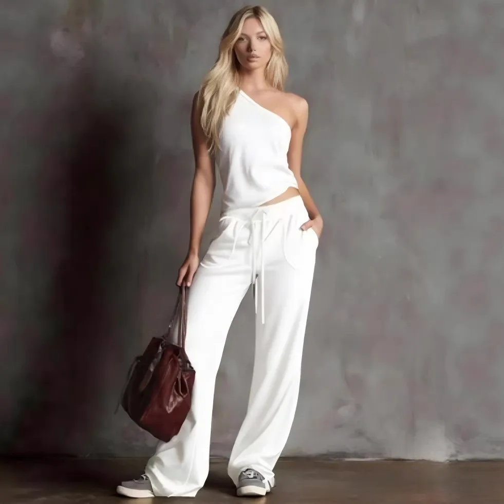 

Women's 2 Piece Matching Set Sleeveless Crop Top And High Waist Wide Leg Pants Drawstring Waist Loose Fit Solid Color Summer Out