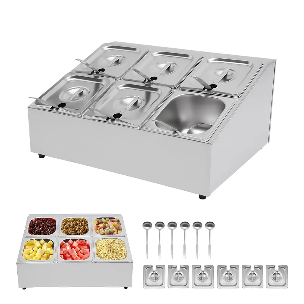 

2-Tier Spice Rack with 6 Pans & 6 Ladles, Stainless Steel Seasoning Organizer Container, Pizza Topping Station, Countertop Inclined Design