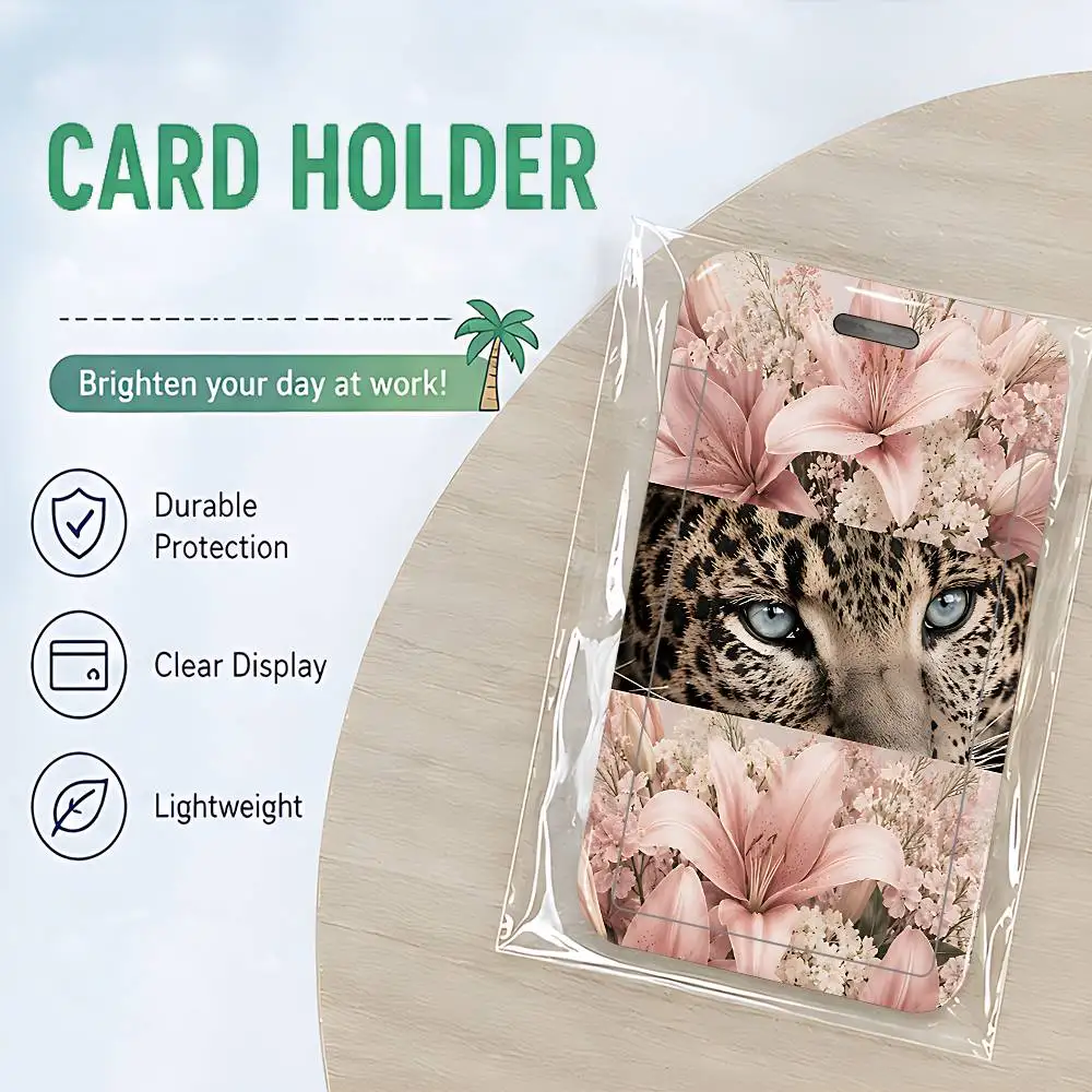 Pink Lily Leopard ID Card Holder Cute Badge Holder PVC Card Cover With Clear Window For Student Office Bus Card