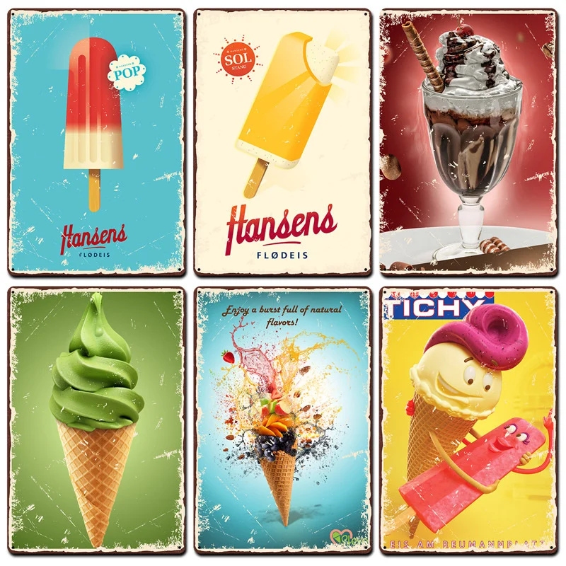 

Ice Cream Vintage Metal Poster Retro Chocolate Matcha Cupcake Tin Signs Plaques Wall Decor for Cafe Coffee Shop Club Restaurant