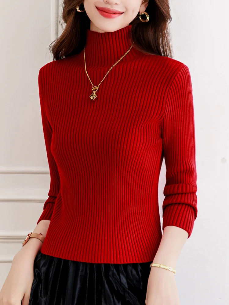 

Red High Collar Knitted Sweater Women's Autumn Winter ort Sve Long Sve Base irt Early Spring Faionable Slim Fit Top