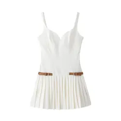 Tangada 2024 Women White Pleated Dress Zipper V Neck Female Sexy Mini Dress 3h0610