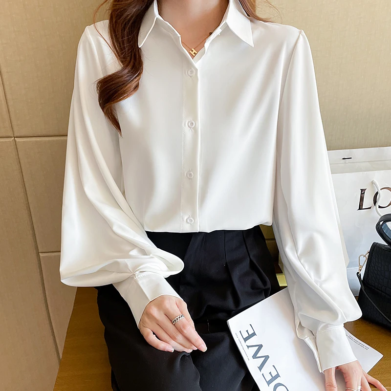 Office Lady manica lunga colletto rovesciato camicia donna camicia bianca nera in Chiffon camicetta donna top Blusas Para Mujer camicie H340