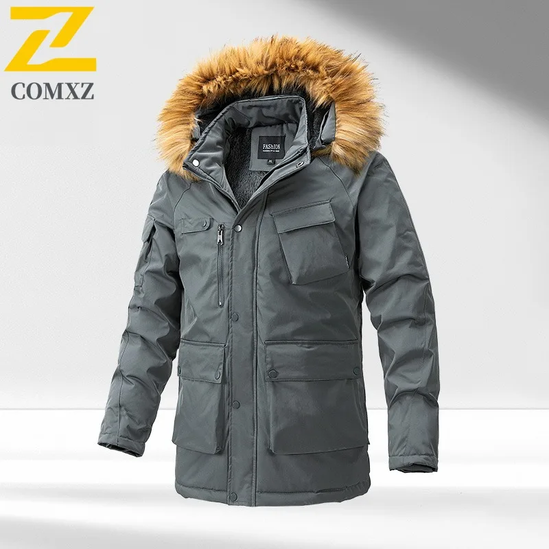 COMXZ 2025 Mens Korean Thickened Fleece Long Winter Jacket American Style Waterproof And Windproof Leisure Outdoor Sports Coat