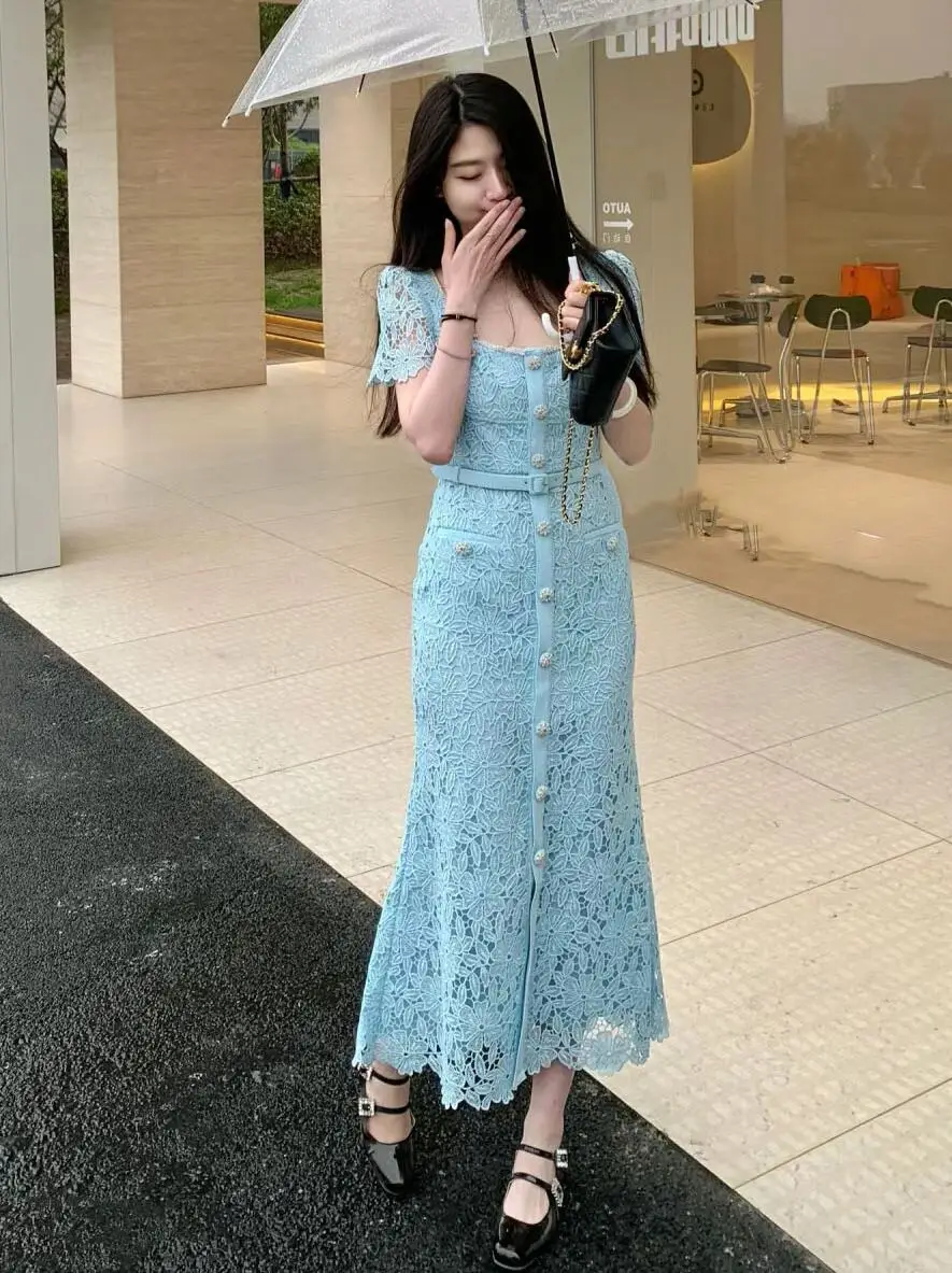 

Ele Long Lace Slim Fit Dr with Square Collar And ort Sves Luxury Design Commute Sle Suitable for All Seasons