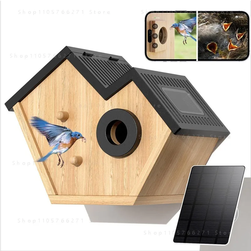 Smart Bird House with Camera Solar Powered Wireless Outdoor Bird Nesting Box App Monitoring Wooden Breeding Cage for Garden