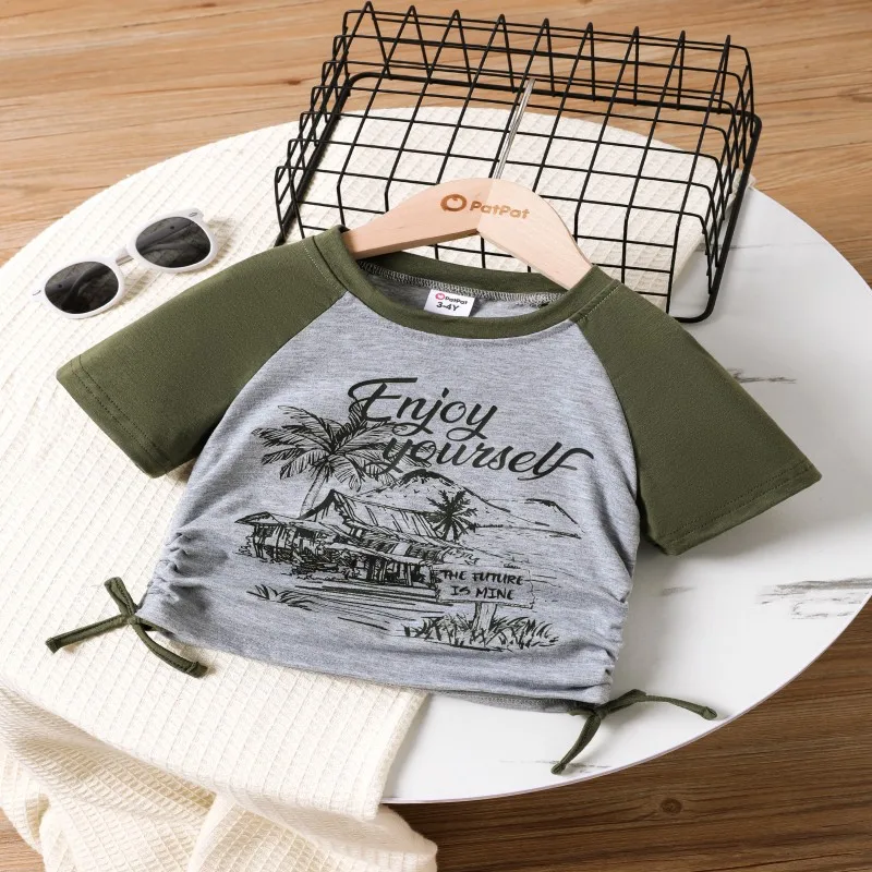 PatPat PatPat Girl's Summer Short Sleeve Graphic T-Shirt - 'Enjoy Yourself' Slogan with Beach Hut Design