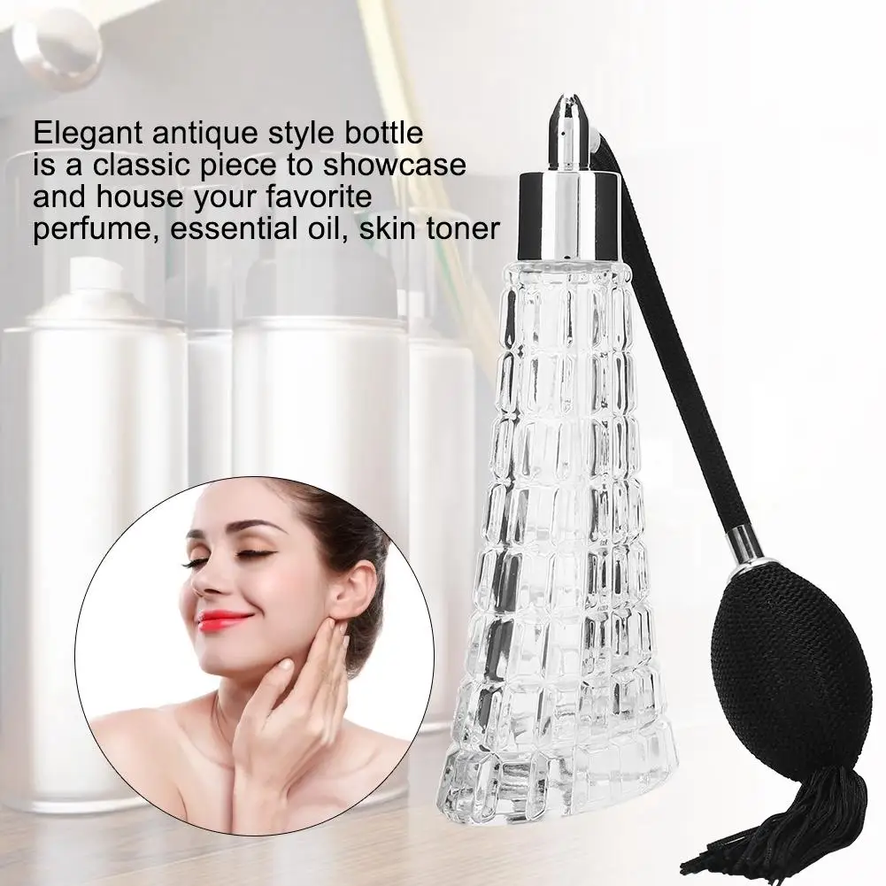 Vintage 75ml Crystal Clear Refillable Glass Perfume Bottle with Antique Black Bulb Sprayer & Tassel - Perfect Gift!