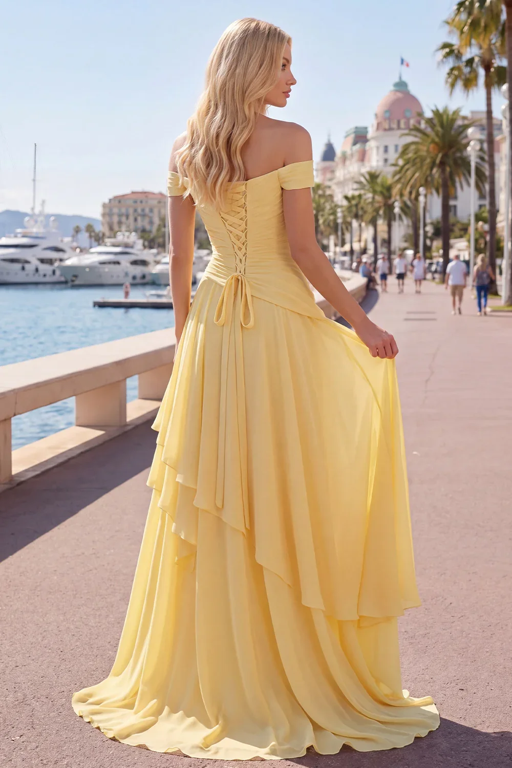 Yellow Chiffon Off Shoulder Evening Gown Ruched Bodice High Low Hem A-Line Prom Dress Lace Up Back For Bridesmaid Homecoming