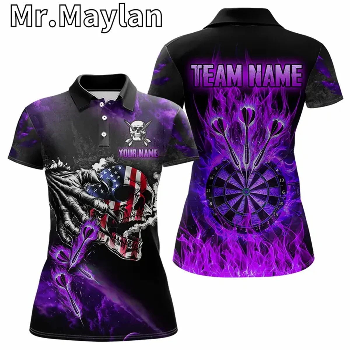 

Женская рубашка-поло с 3D фиолетовым огненным пламенем и дартсом, дизайн черепа с американским флагом, настраиваемый трикотаж команды дартс, подарок для любителей дартс