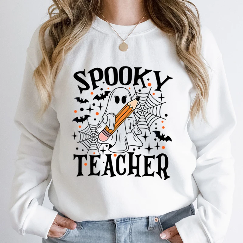 

Halloween Ghost Spooky Teacher Round Neck Pullovers Women Casual Sport Outdoor Long Sleeves Hoodeless Pullovers Solid Color Tops