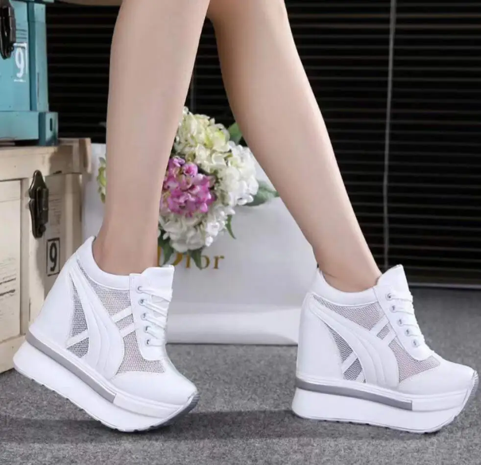 2024 New Classic Women Mesh Platform Sneakers White Shoes 10CM High Heel Wedges Outdoor Breathable Internal Increase Casual Shoe