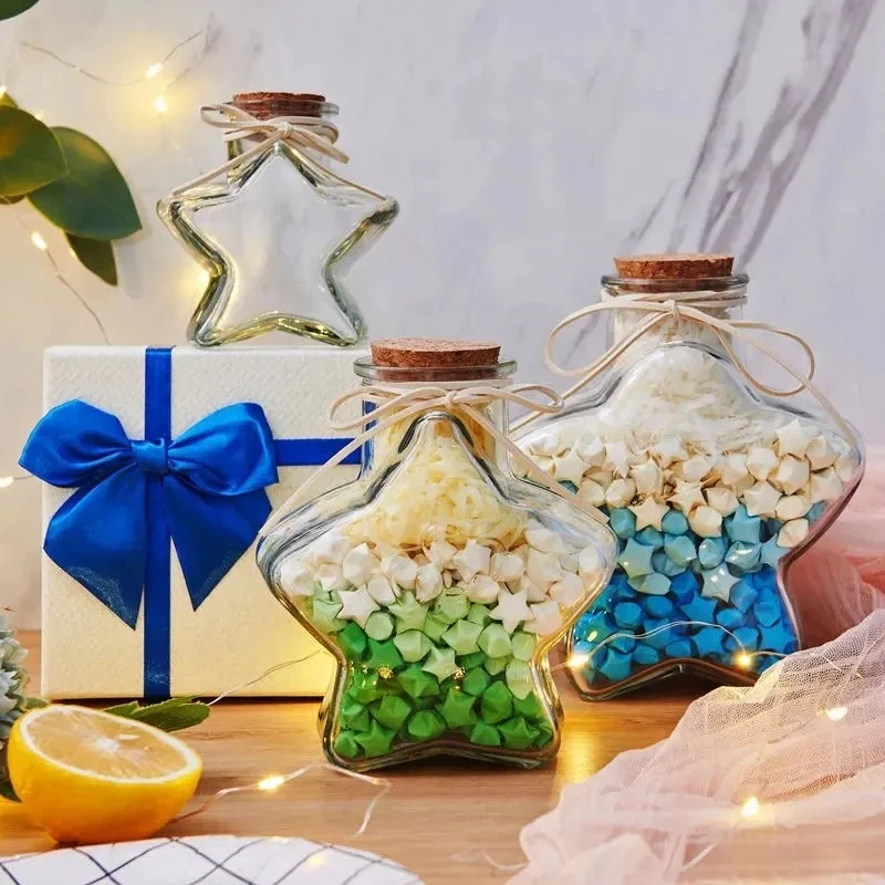 Transparent Star Shaped Glass Note Wishing Bottle,Lucky Star Cork Sealed Wish Empty Jar,Birthday Wedding Party Souvenir Ornament